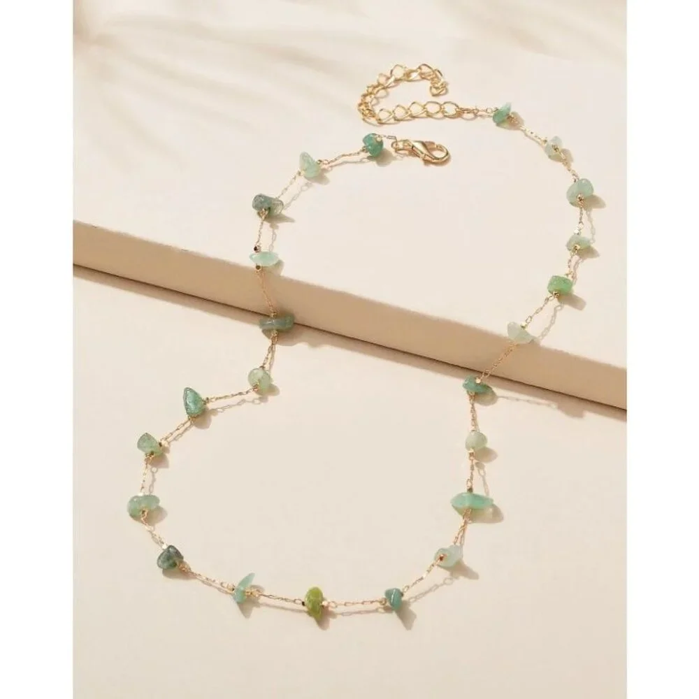 Dainty Green Aventurine Chip Necklace β Gold Chain Short Necklace with Natural - Picture 1 of 3